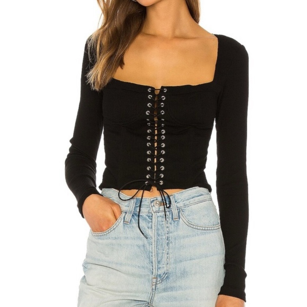 I.AM.GIA Portia lace up corset long sleeve ribbed top